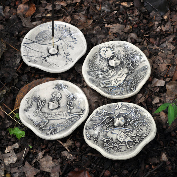 Clay Fossils - Handmade Pottery, Incense burner, black Morning Bird