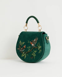 Fable England - Robin Love Fern Green Velvet Embroidered Saddle Bag