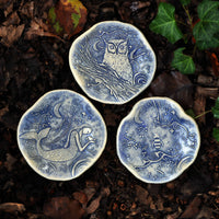 Clay Fossils - Handmade Pottery, Blue Night Owl, spoon rest, soap dish USA