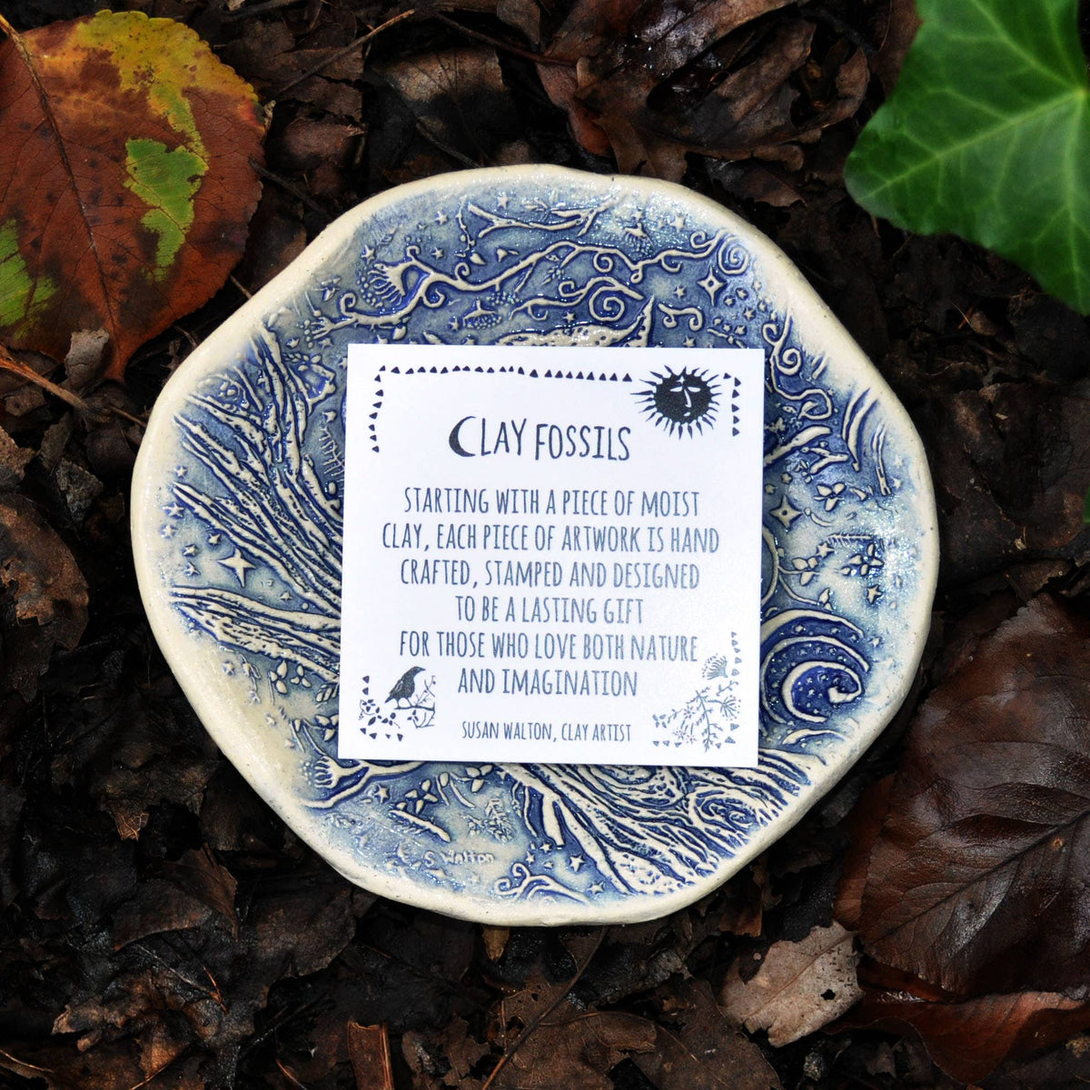 Clay Fossils - Handmade Pottery, Blue Rabbit Moon, spoon rest, soap dish
