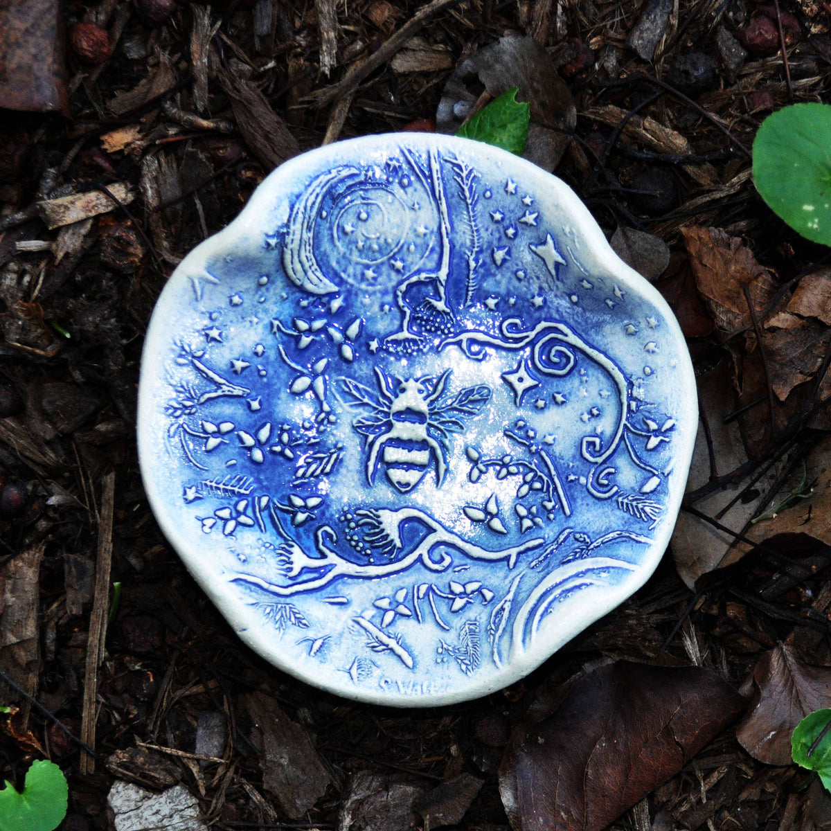 Clay Fossils - Handmade Pottery, Blue Bee Garden, spoon rest, garlic grater