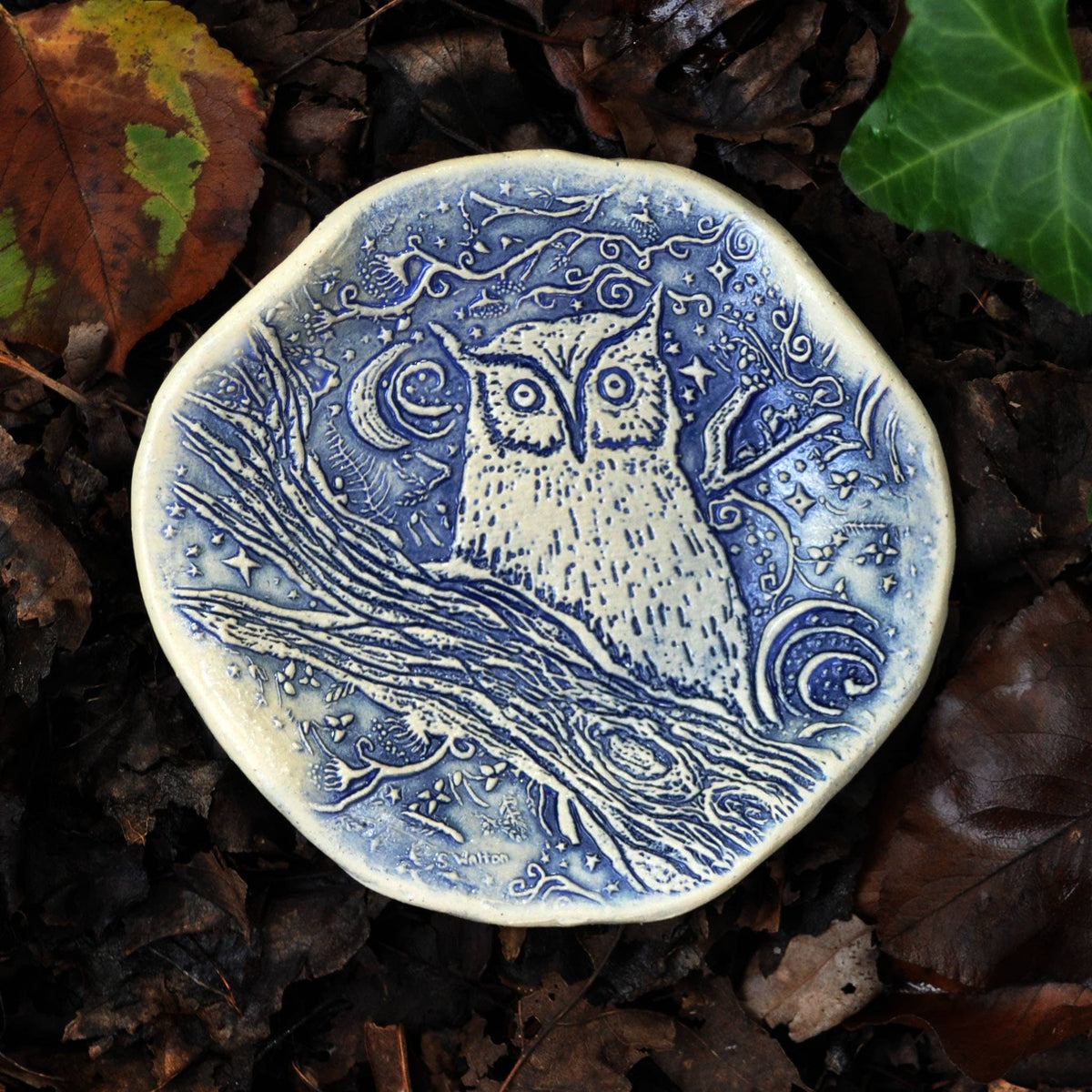 Clay Fossils - Handmade Pottery, Blue Night Owl, spoon rest, soap dish USA