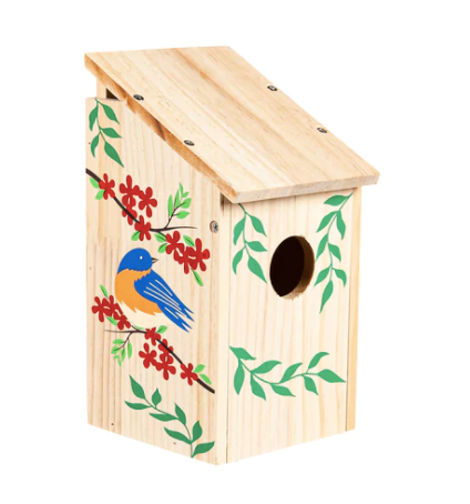 Wood Bird House with Bluebird and Red Flowers