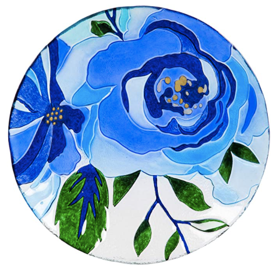 Blue Floral Glass Bird Bath