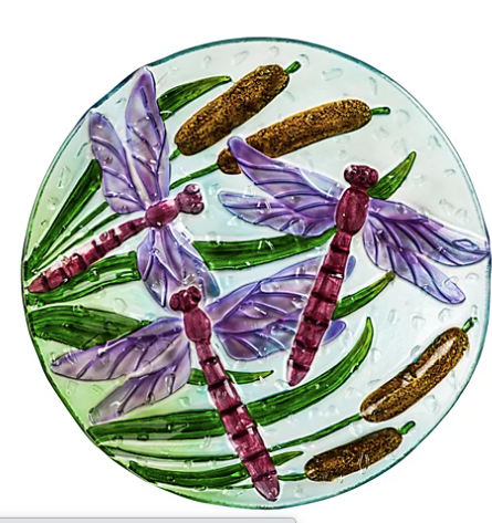 Hand Painted Glass Bird Bath with Crushed Glass: Dragonflies over Cattails