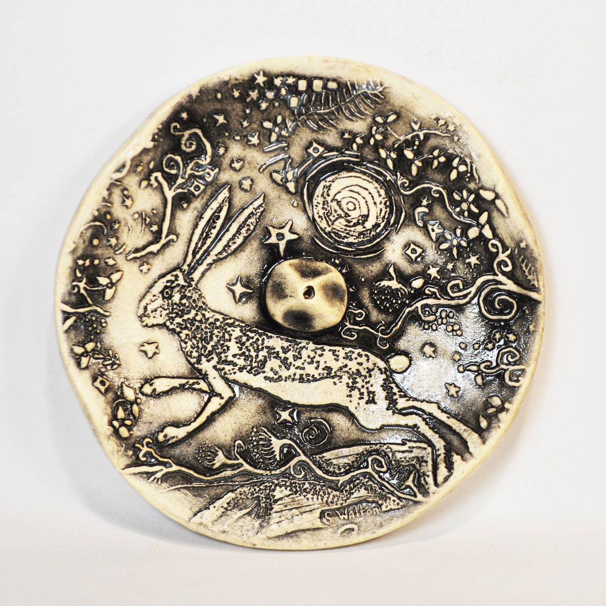 Clay Fossils - Handmade Pottery Incense Holder, black Rabbit Moon