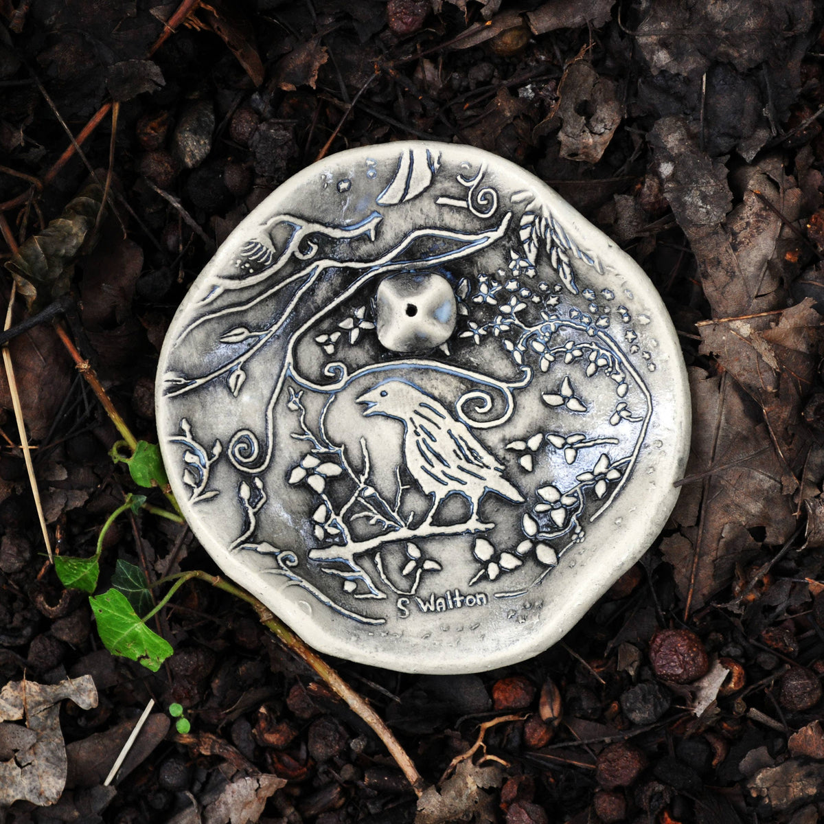 Clay Fossils - Handmade Pottery, Incense Burner, black Night Crow
