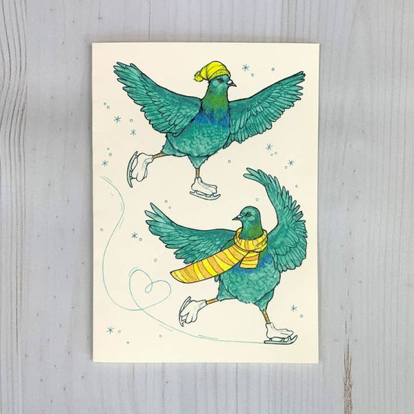 Pigeons Ice Skating - 5x7" Holiday & Winter Notecard