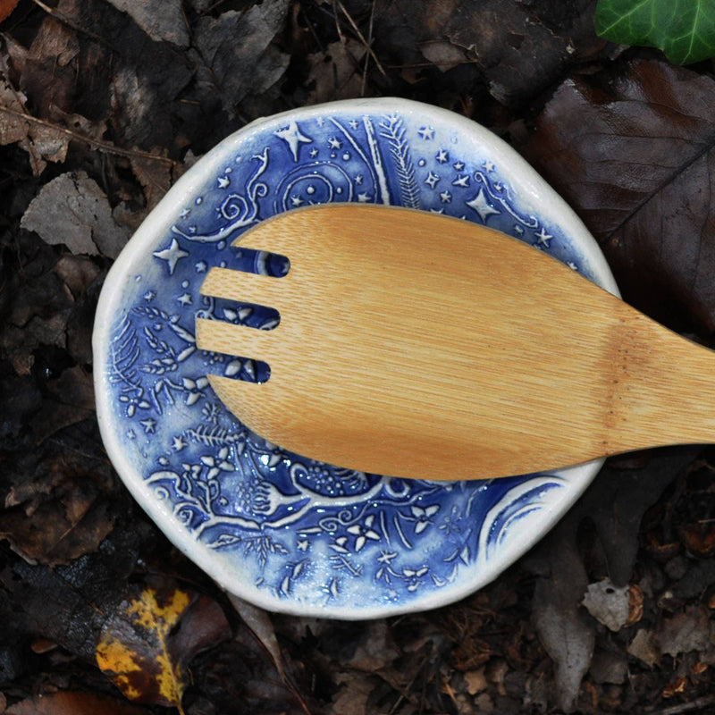 Clay Fossils - Handmade Pottery, Blue Night Owl, spoon rest, soap dish USA