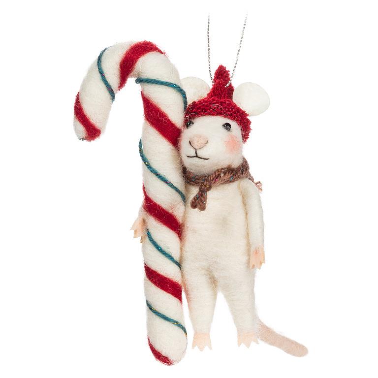 Mouse with Candy Cane and Hat Ornament