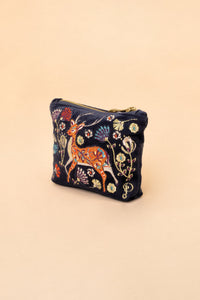 Powder UK- Velvet Embroidered Zip Pouch - Folk Art Deer