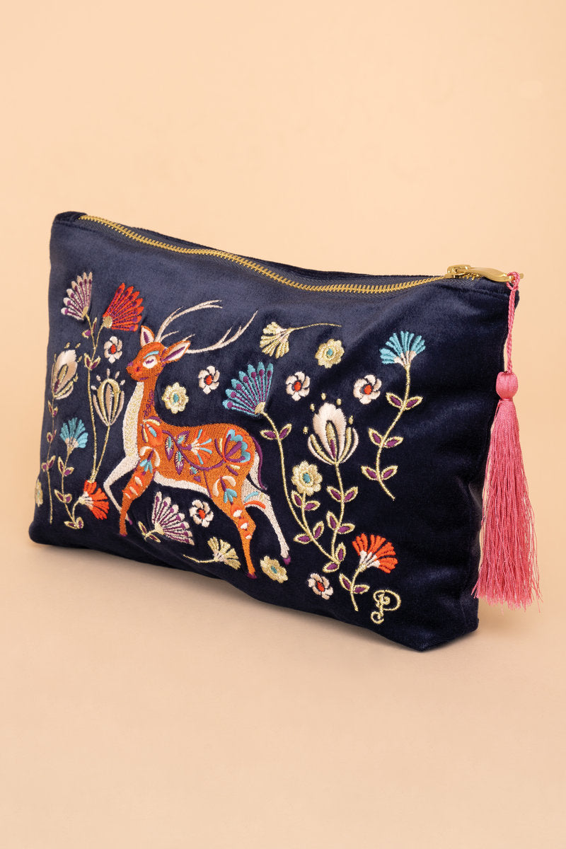 Powder UK- Velvet Embroidered Zip Pouch - Folk Art Deer