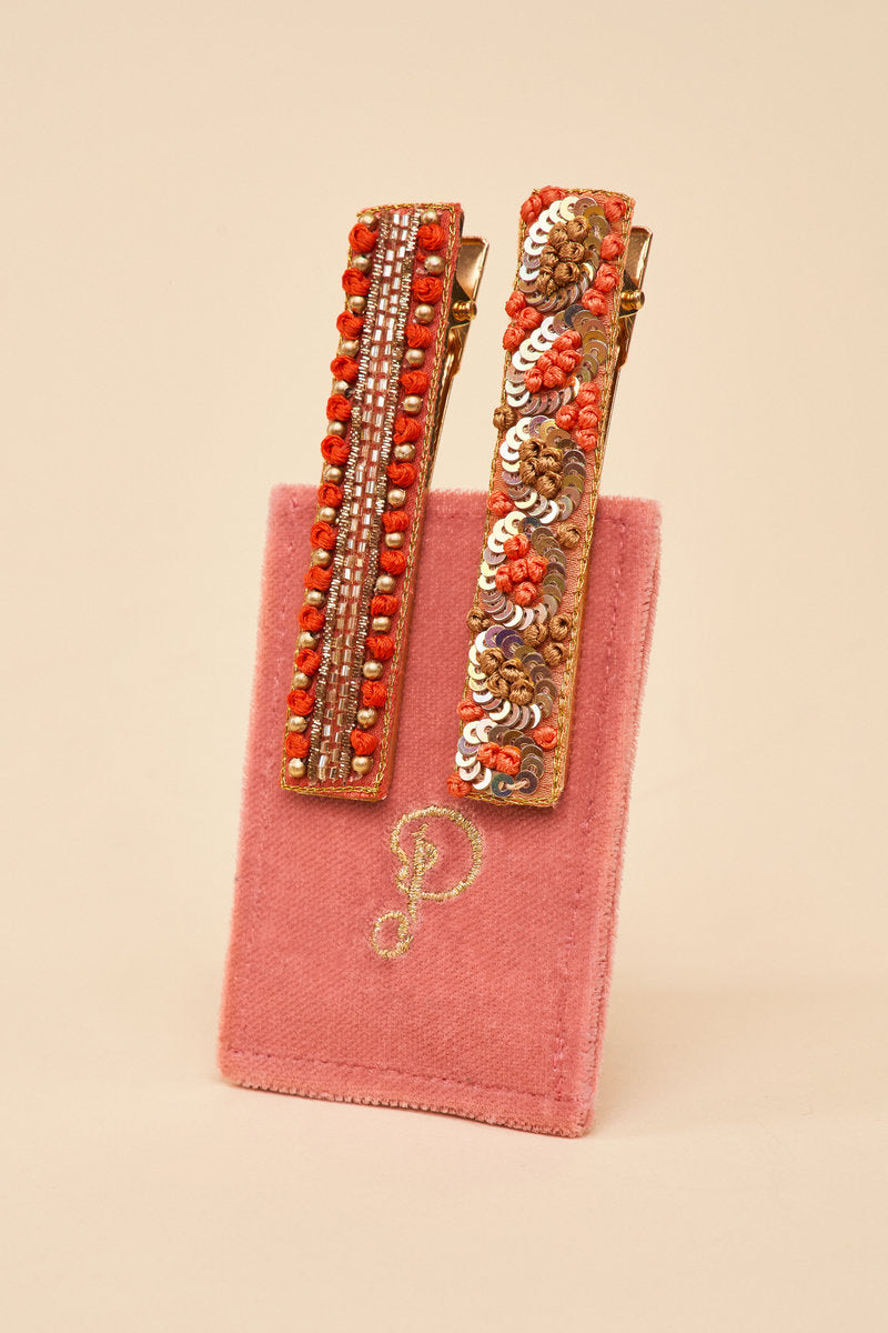 Narrow Jewelled Hair Bar - Coral Ovals & Beads