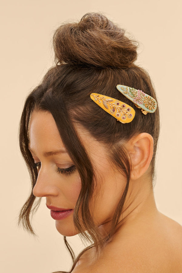 Jewelled Hair Clips (Set of 2) - Sunflower and Wheat, Ice & Mustard