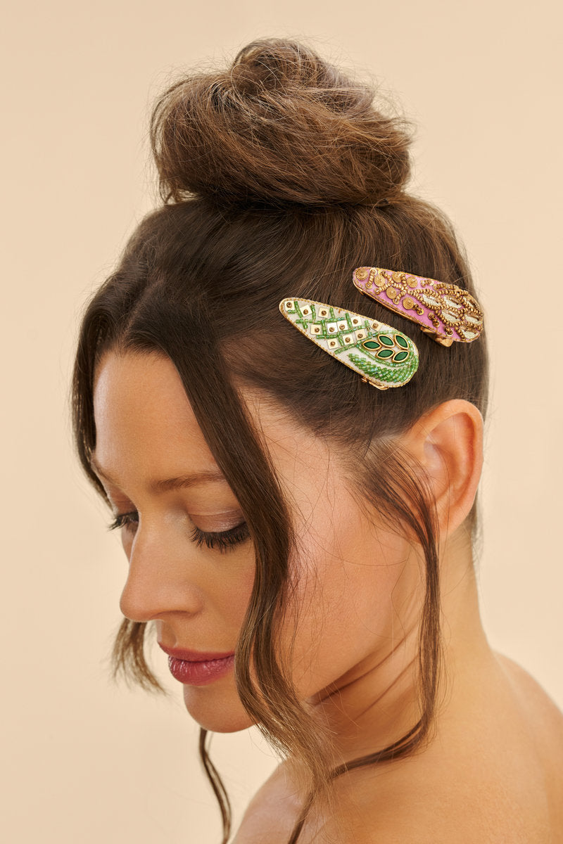 Jewelled Hair Clips (Set of 2) - Asymmetric leaf and Feather, Sage & Lilac