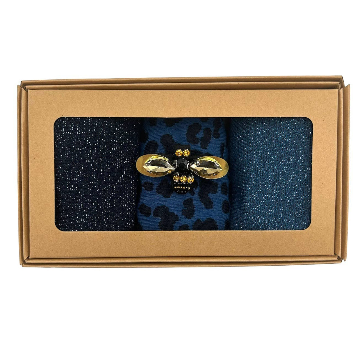 Denim mix sock box with golden eye pin