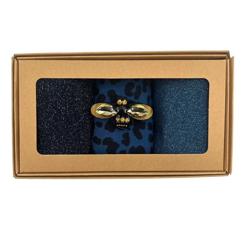 Denim mix sock box with golden eye pin