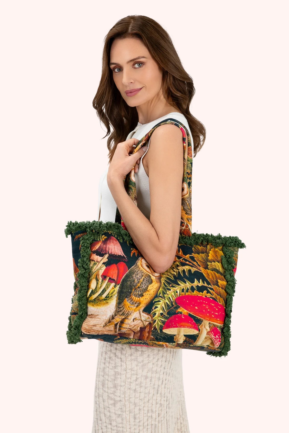Woodland Owl Fringed Velvet Tote