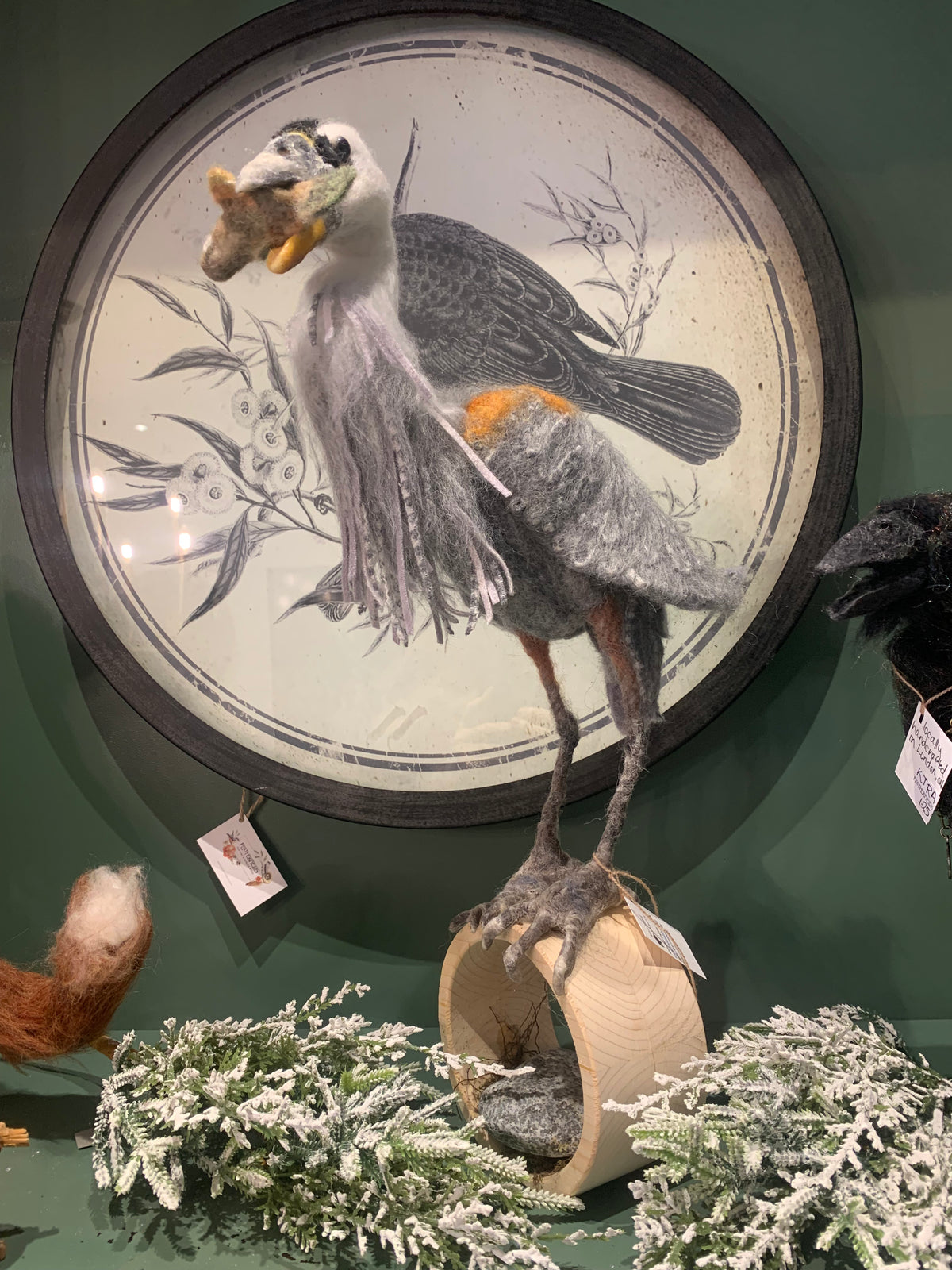 Knotted Theory - Needle Felted Blue Heron with fish Sculpture