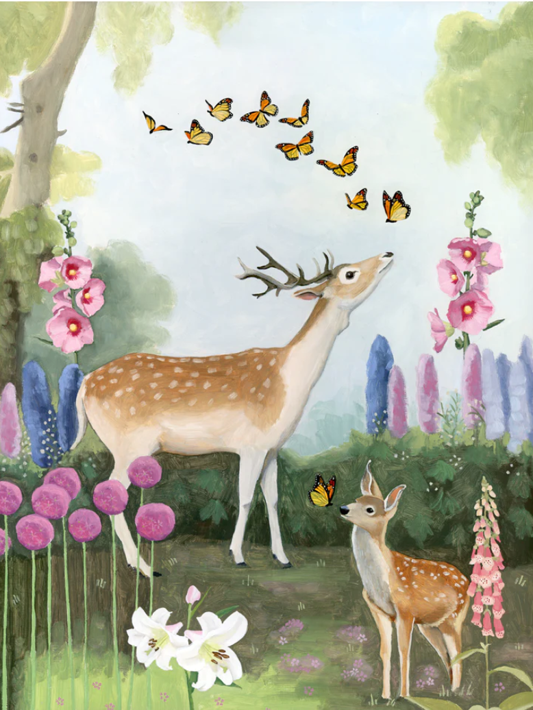Kim Ferreira Art Print - Deer in Flower Garden