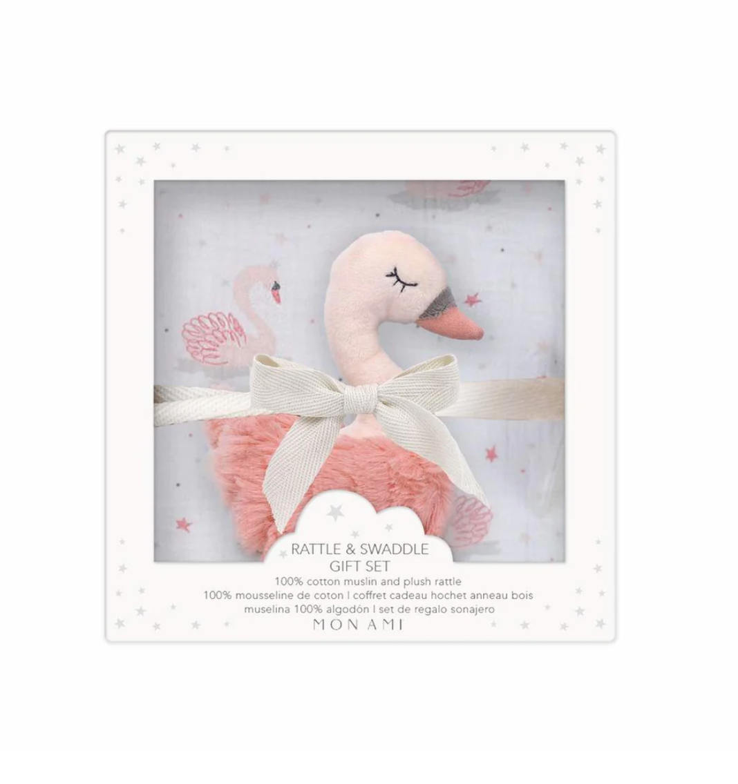 Swan Blanket and Rattle Baby Gift Set