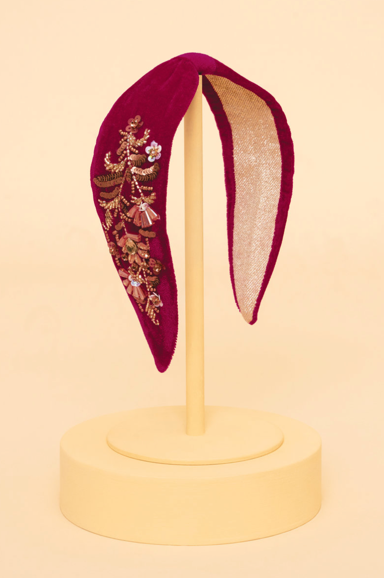 Velvet Headband Golden Wildflowers - Fuchsia
