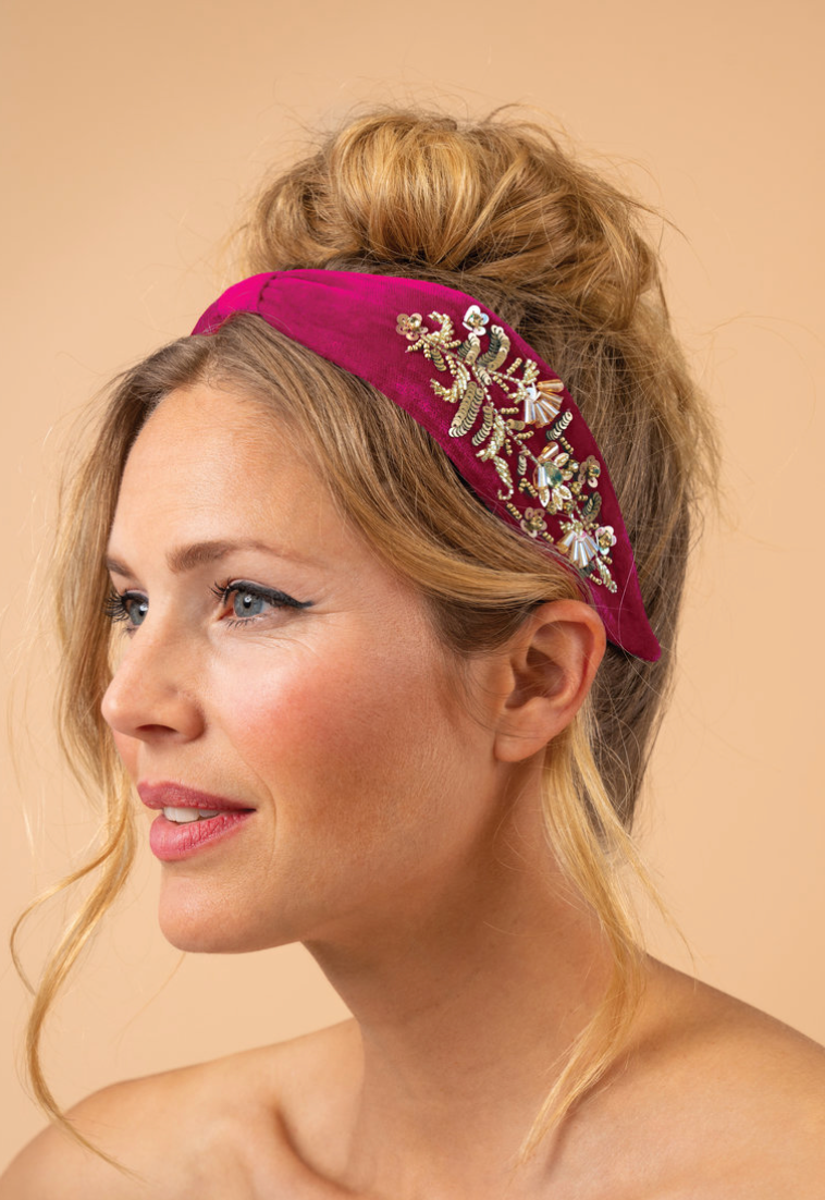 Velvet Headband Golden Wildflowers - Fuchsia