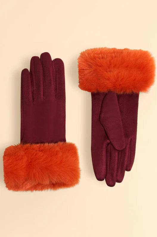 Bettina Faux Suede Gloves in Burgundy/Tangerine