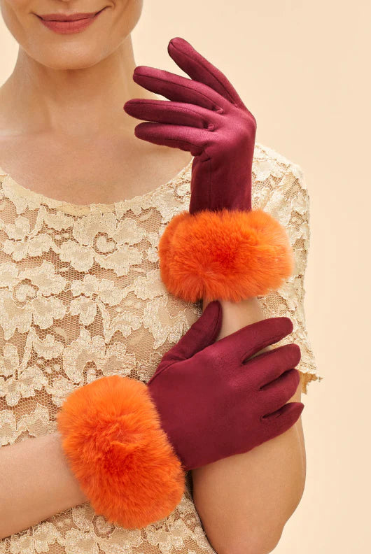 Bettina Faux Suede Gloves in Burgundy/Tangerine