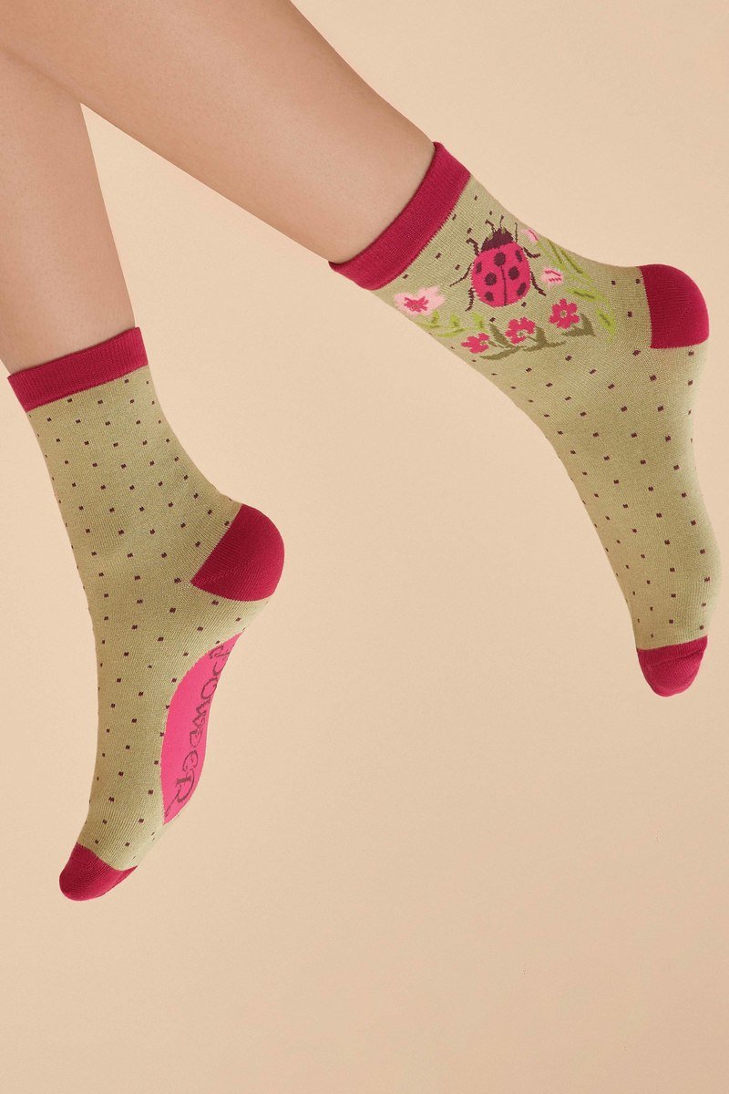 Ladies Ankle Socks - Ladybird in Sage