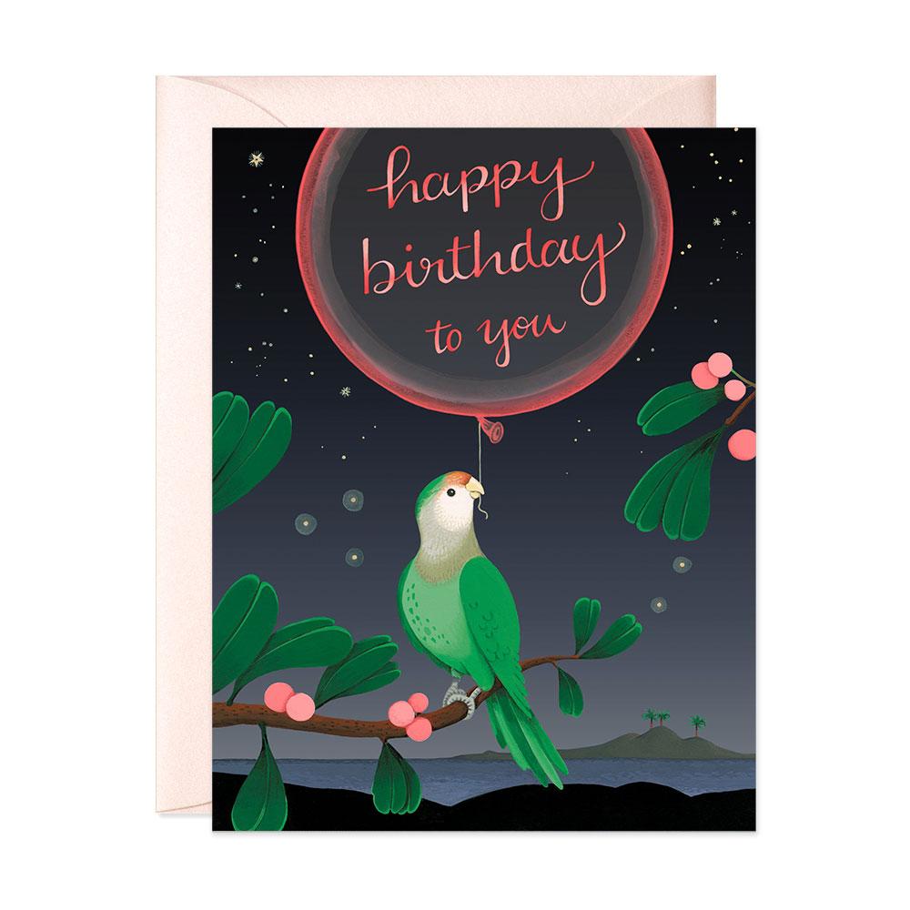 Happy Birthday To You Card- Green Bird Holding a Balloon