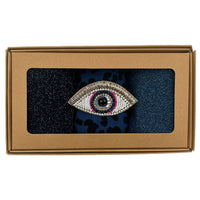 Denim mix sock box with golden eye pin