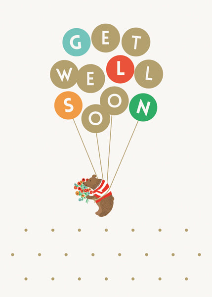 Get Well Soon Card- Bear Holding Flowers & Balloons