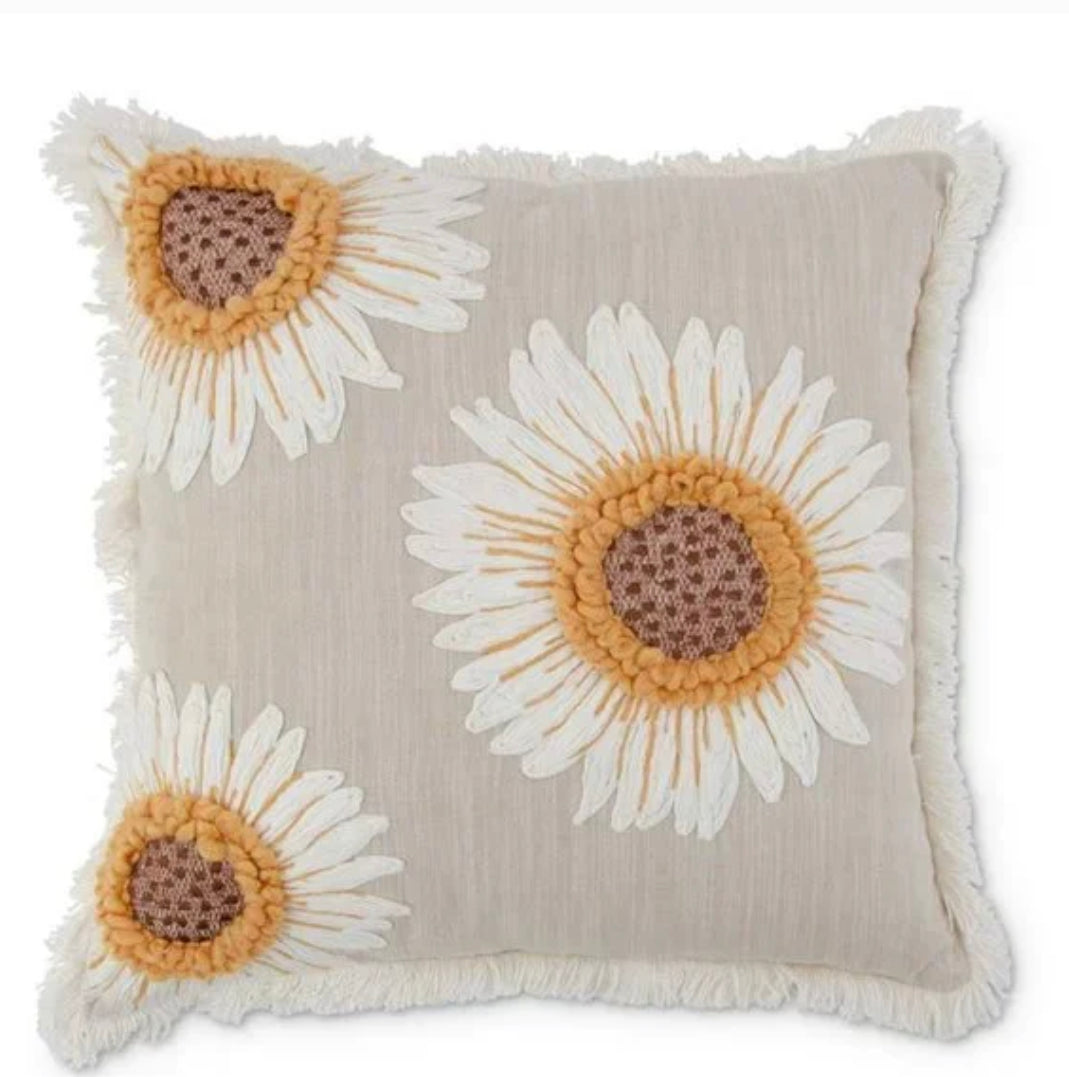 18” Square Tan Linen Pillow with Embroidered Sunflowers