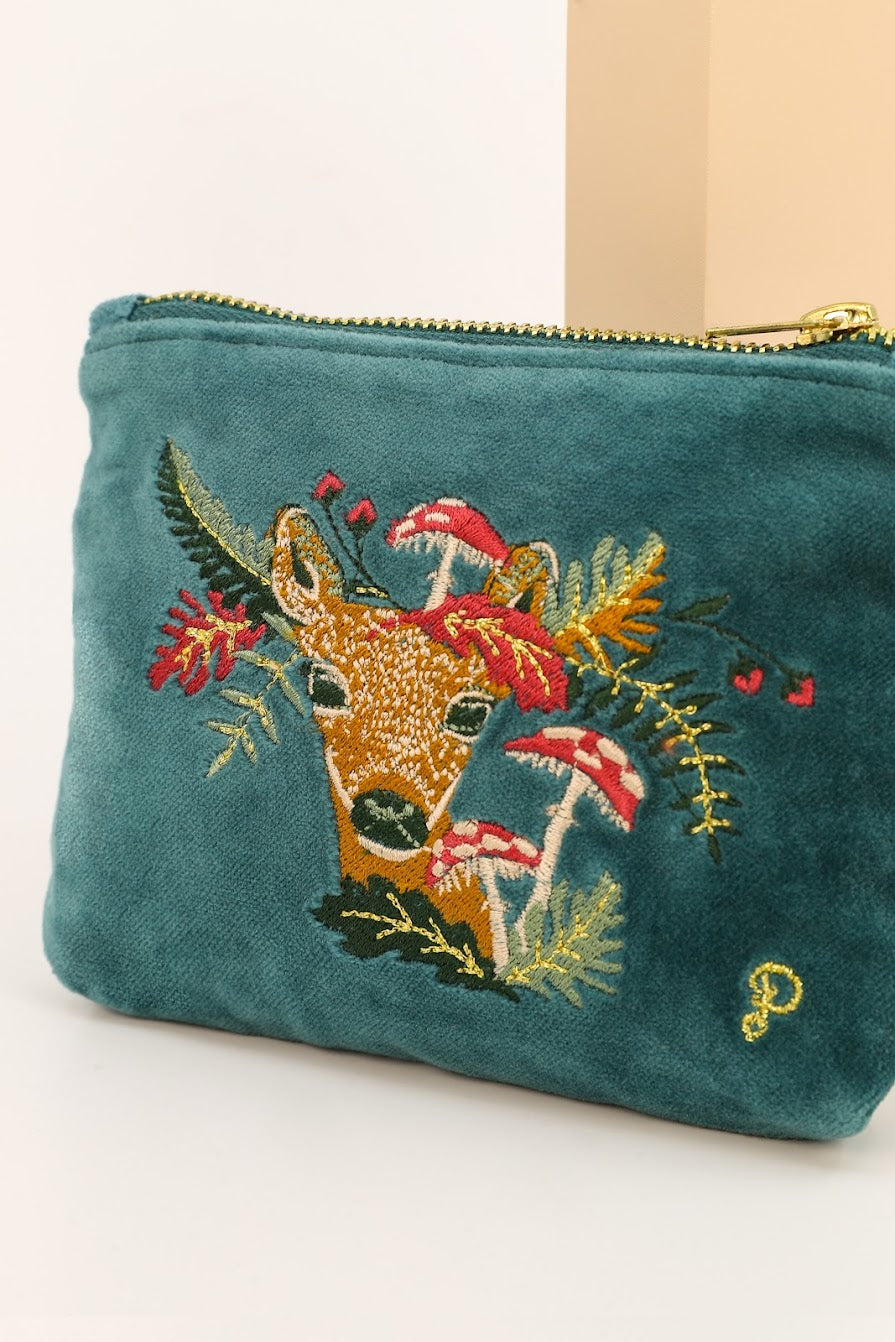 Doe with Toadstools Velvet Embroidered Mini Pouch
