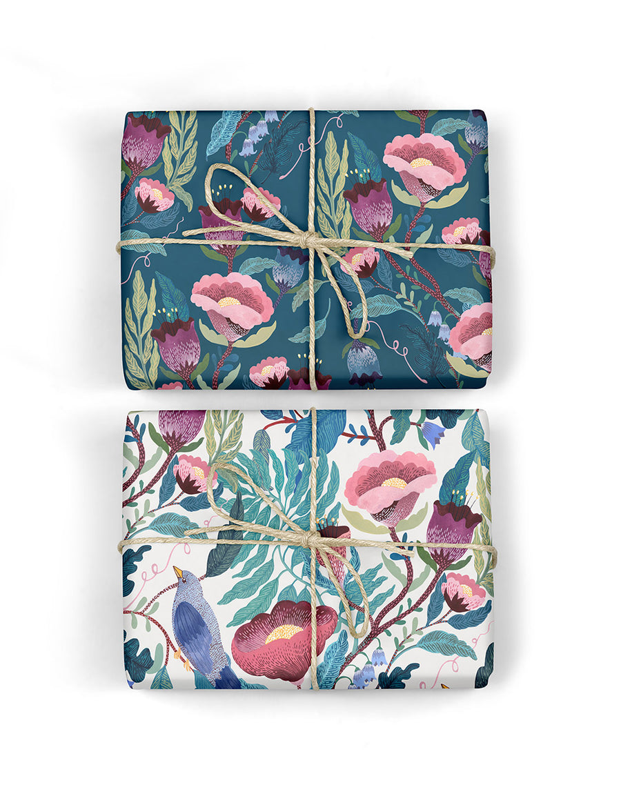Bird Twig/Indigo Floral Single Sheet Wrapping Paper