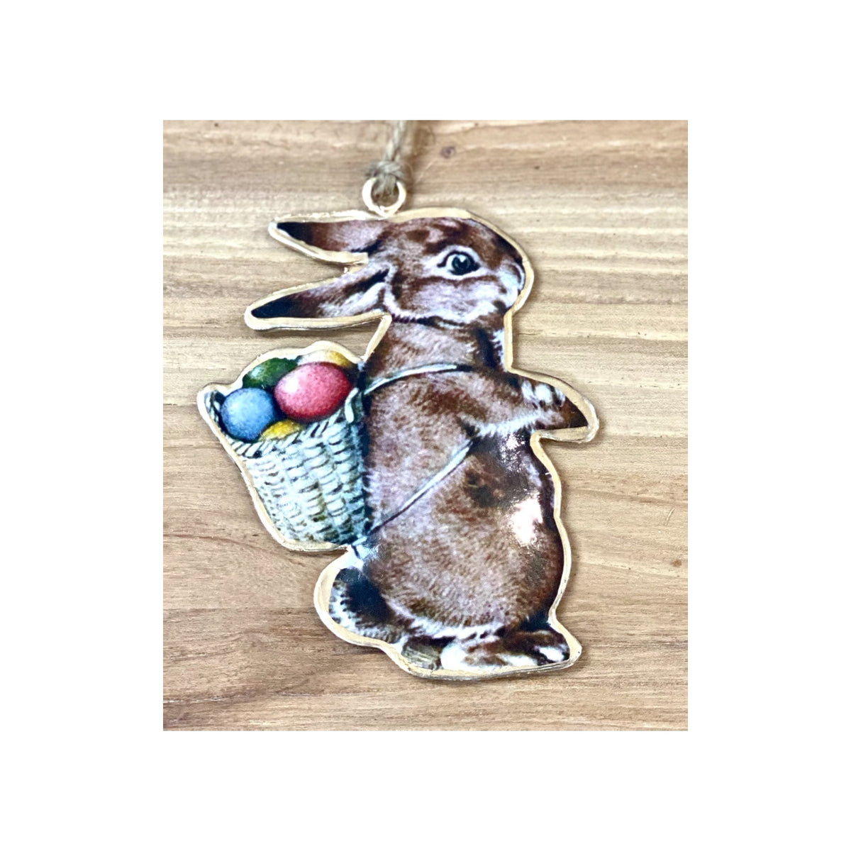 Metal Bunny Holding Eggs In A Basket Ornament