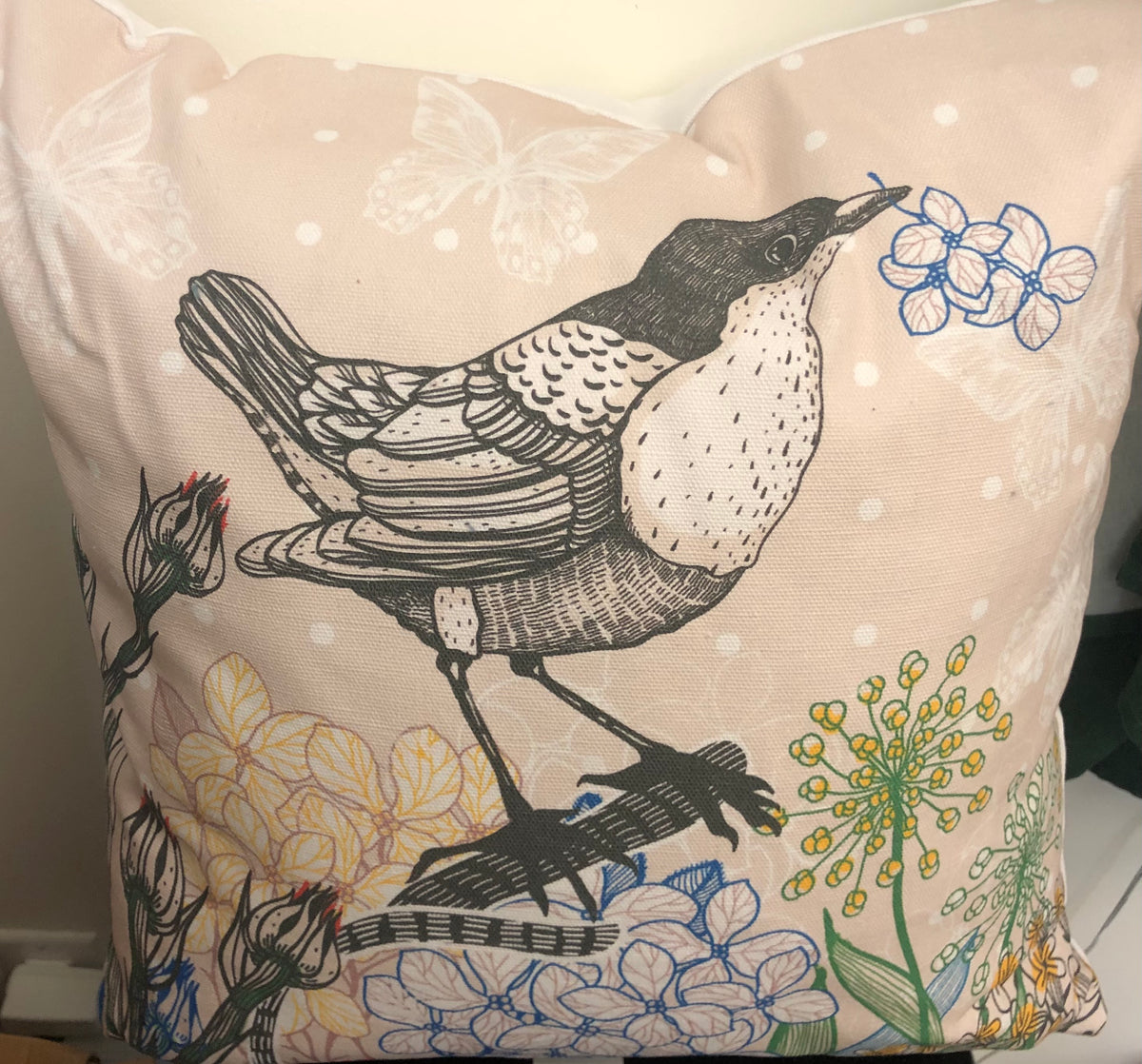 Bird on Floral Branch With Butterflies Cushion