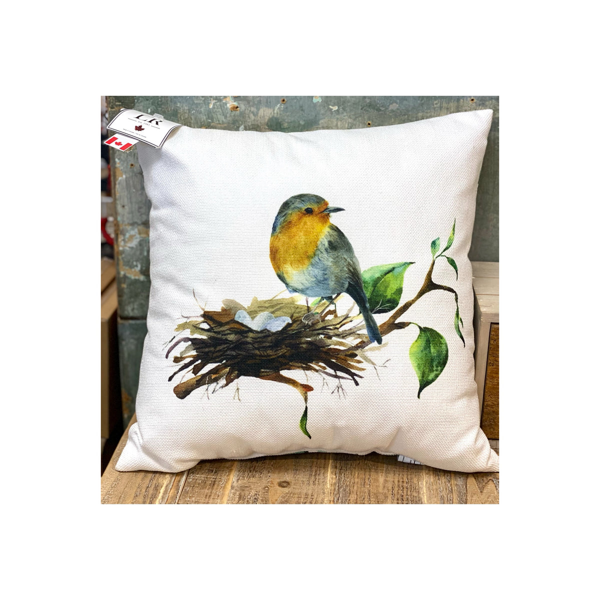 Pillow- Watercolour Nesting Bird & Leaf Design