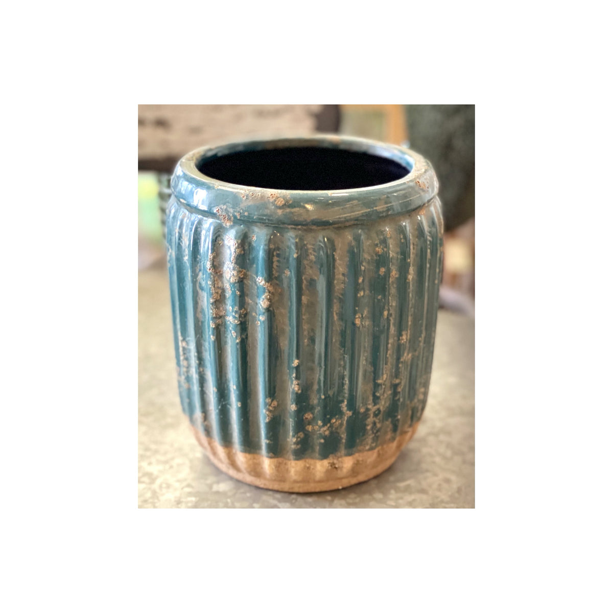 7" Fluted Glazed Aqua Clay Pot