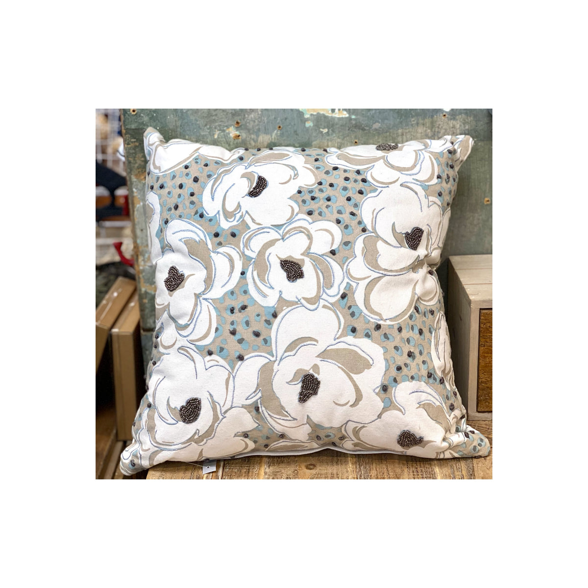 Pillow- Floral on Gray & Blue With beads