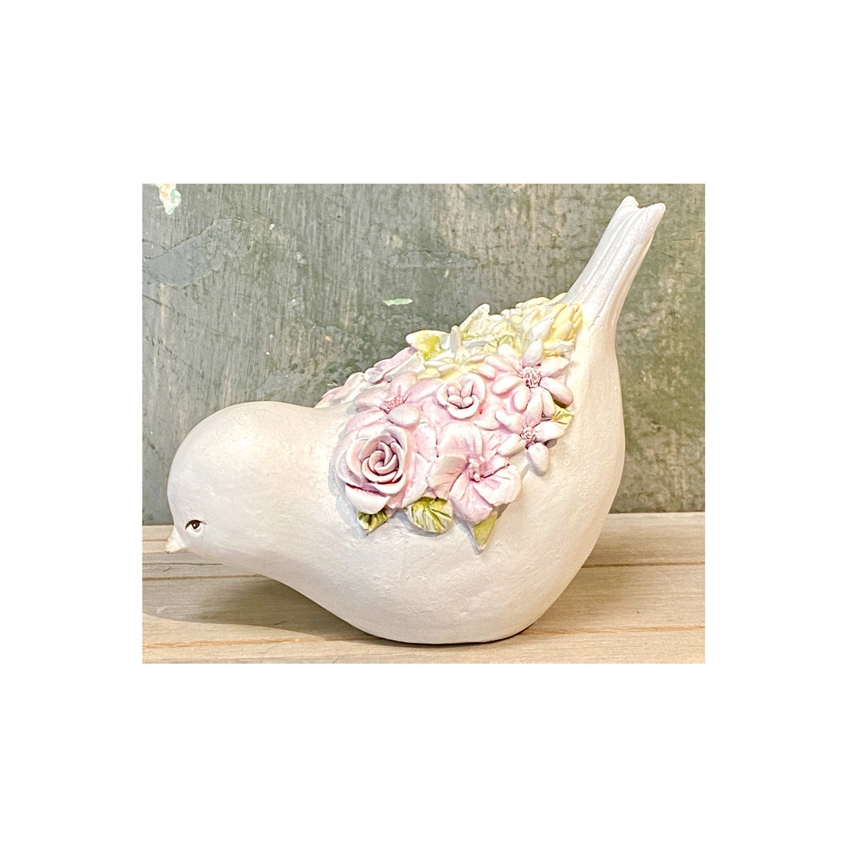 White Resin Bird With Pink Flowers
