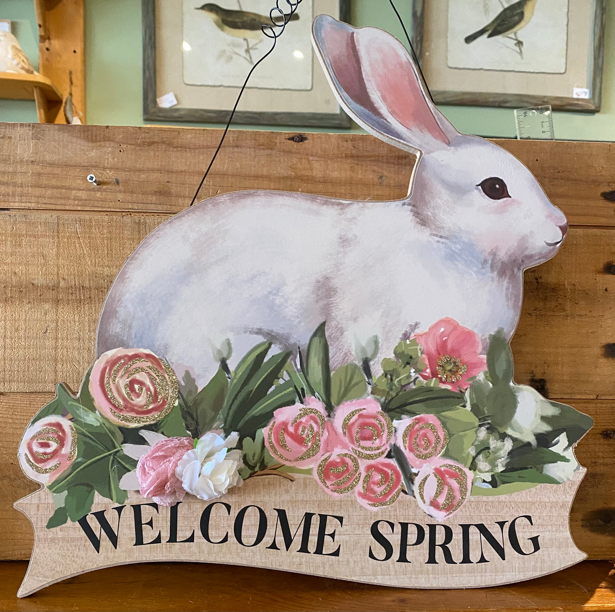 Welcome Spring Sign- Rabbit with Pink Flowers