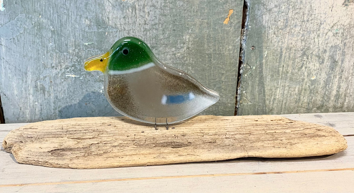 Glass Bird Ornament-Adult Mallard Duck on a Perch