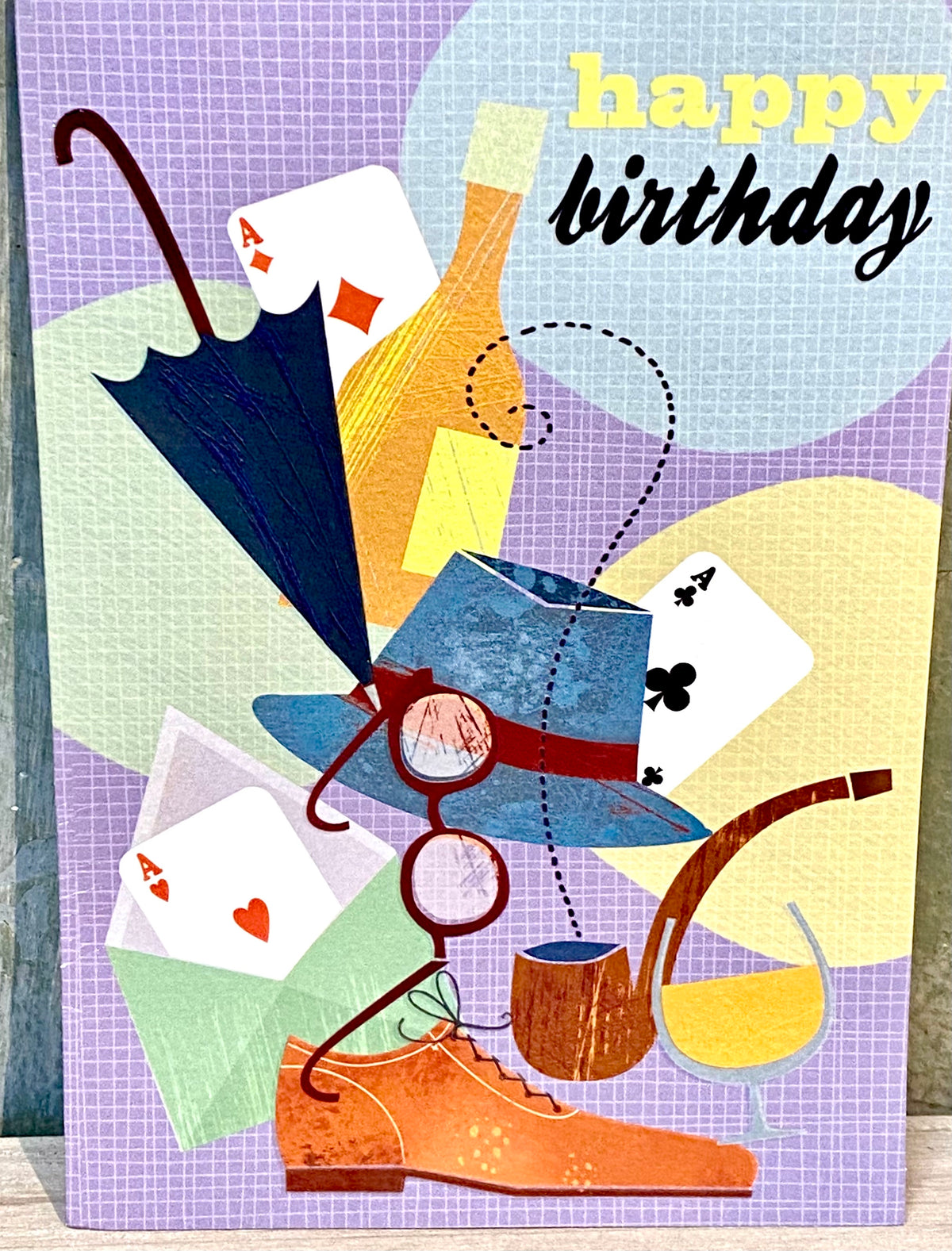 Birthday Card: Playing Cards, Glasses, Umbrella