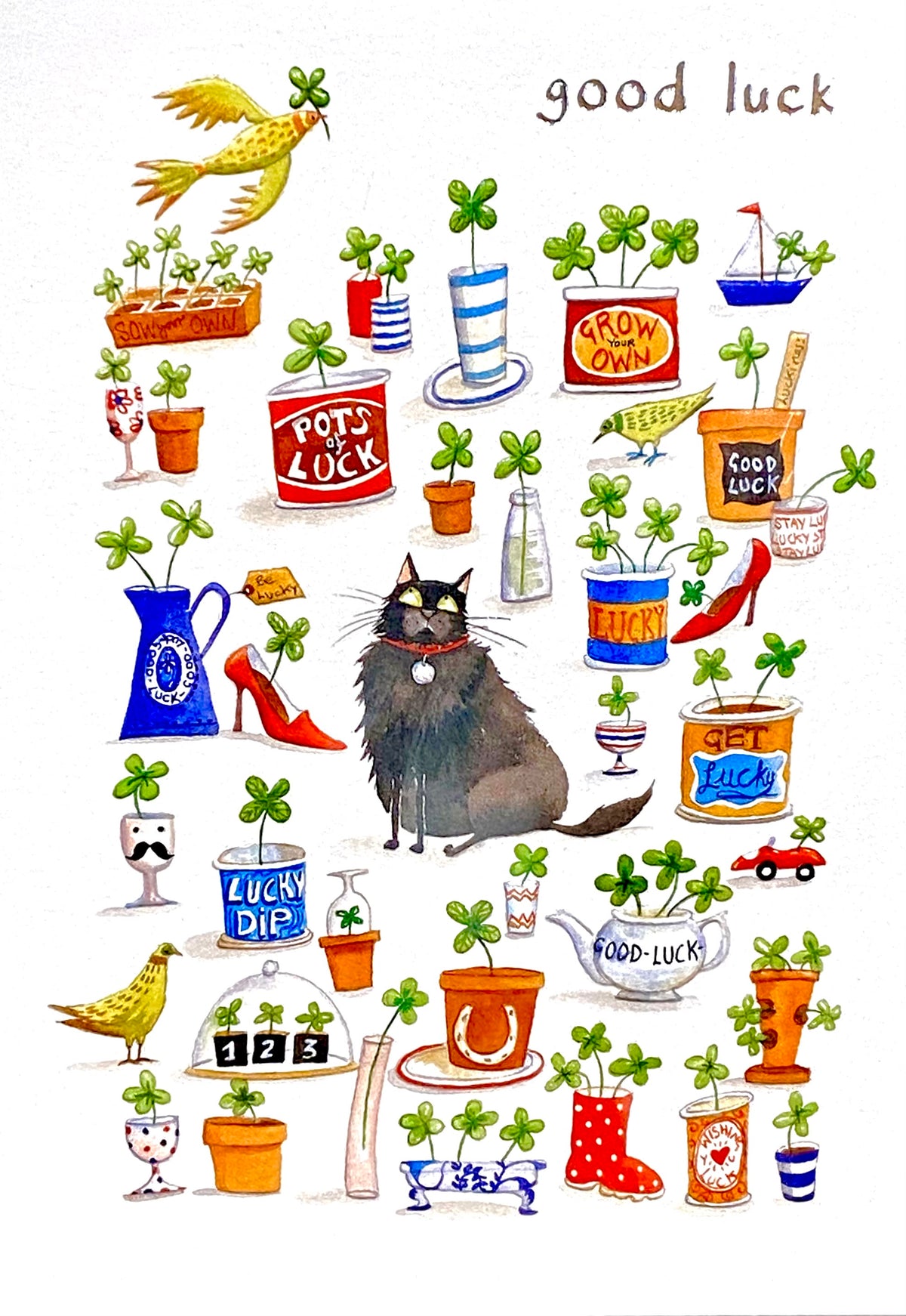 Good Luck Card- Black Cat With Good Luck Charms