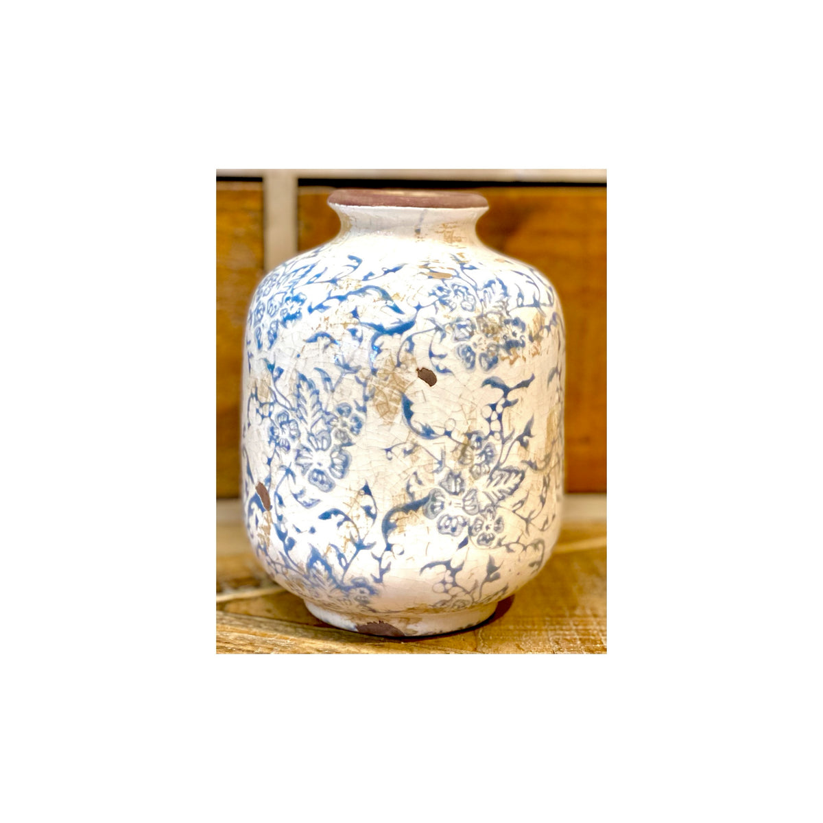 Floral Stamped Cream & Blue Vase