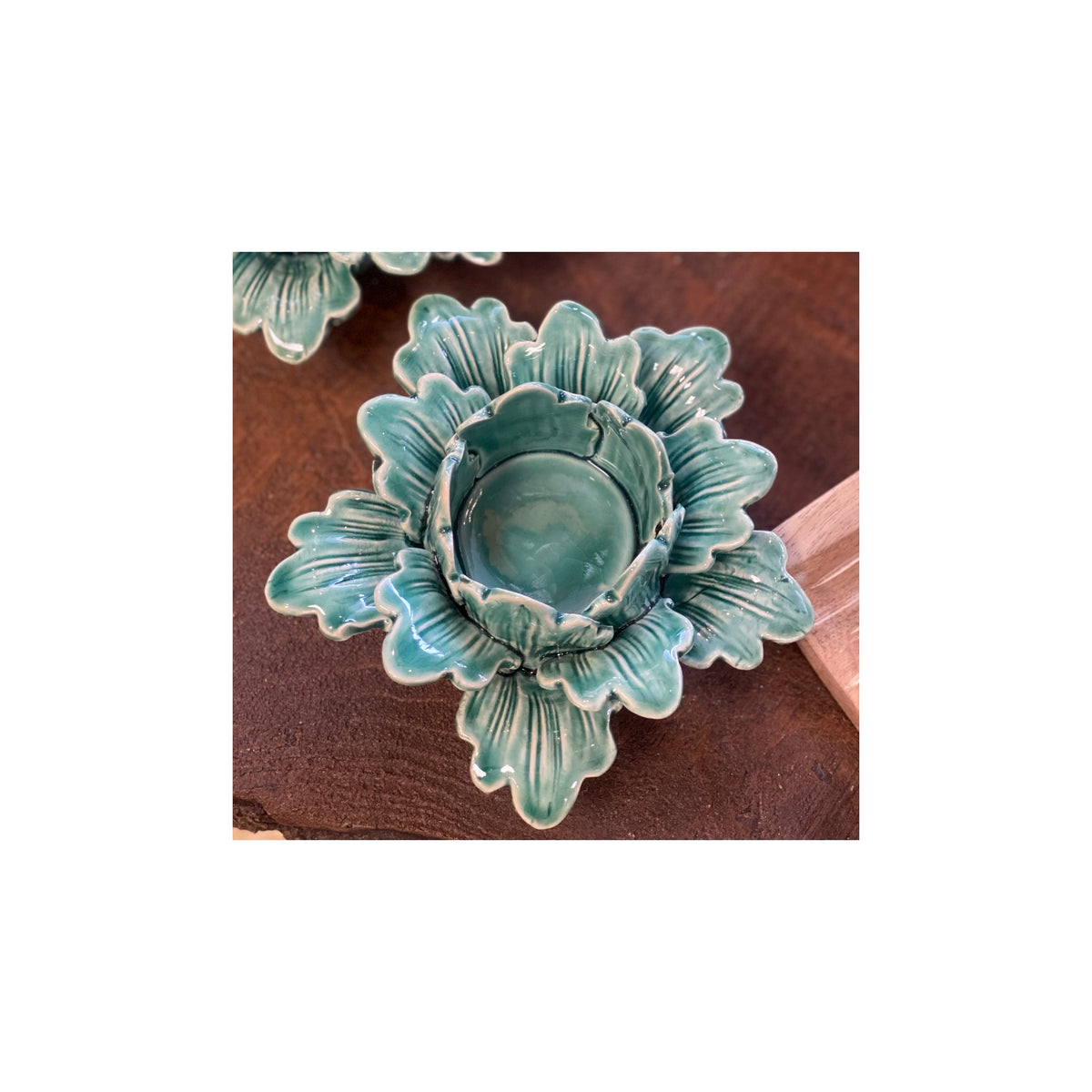 Ceramic Teal Wavy Flower Candle Holder