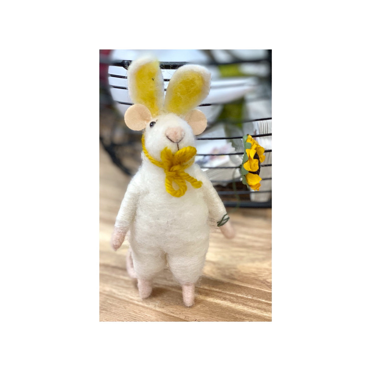 Felt Mouse With Bunny Ears Holding A Sunflower
