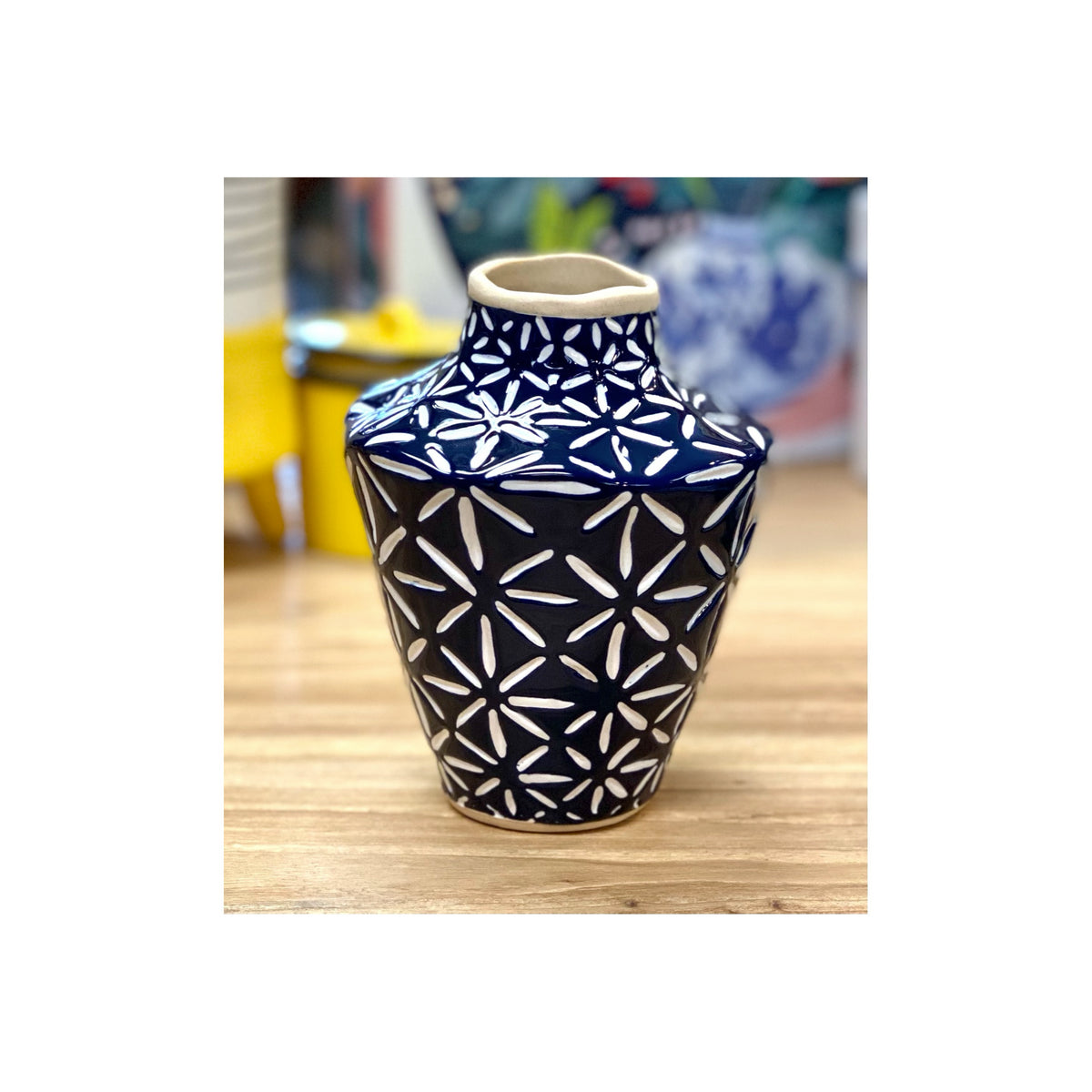 Blue Bud Vase With Cream Floral Design